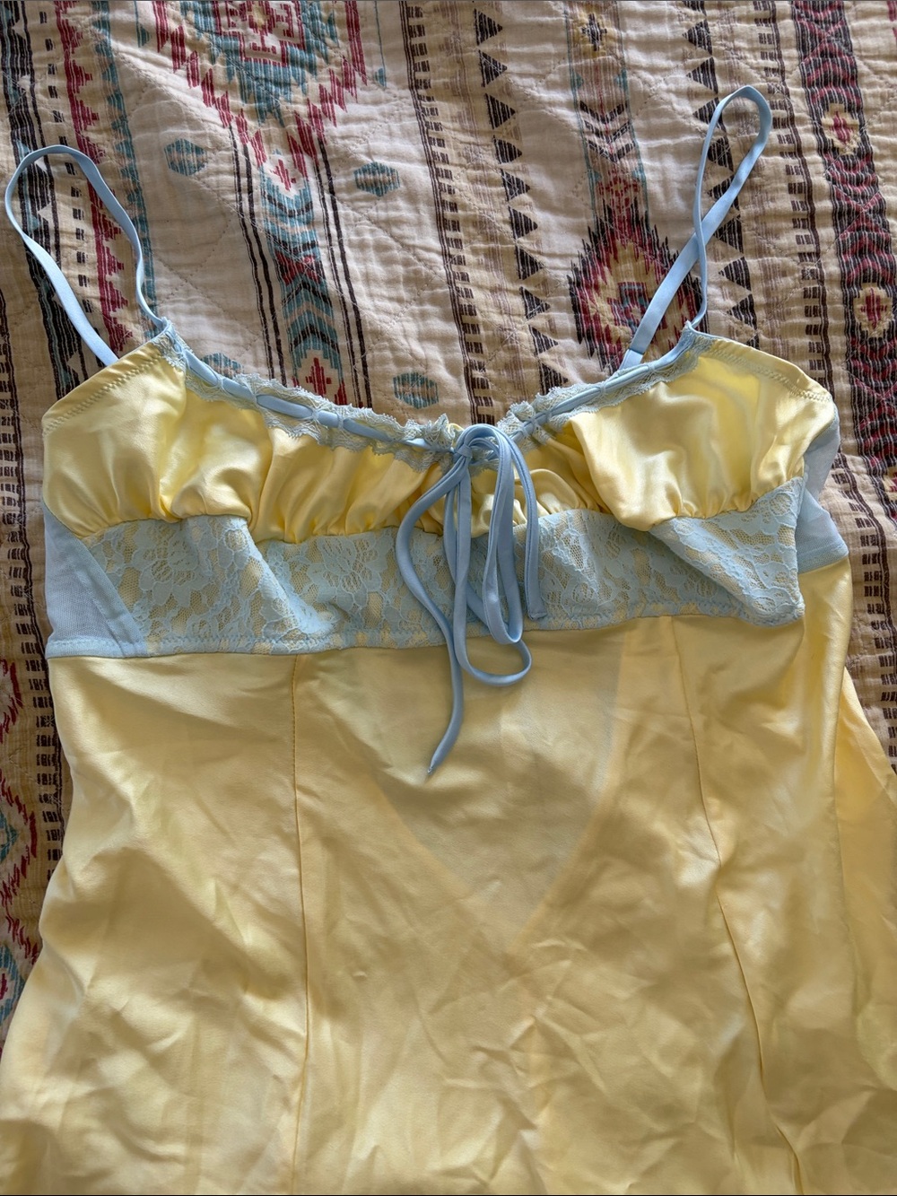 Frankie's Bikinis Yellow Satin Chemise with Light Blue Lace - Picture 3 of 4